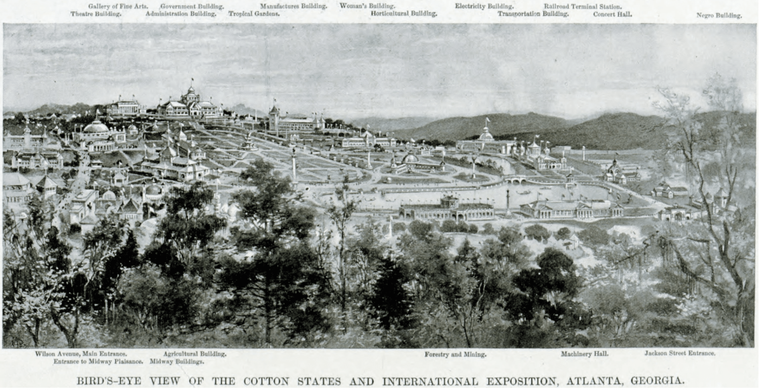 sepia toned etching showing buildings and birds-eye view of the Piedmont Park 1895 Cotton States & International Exposition