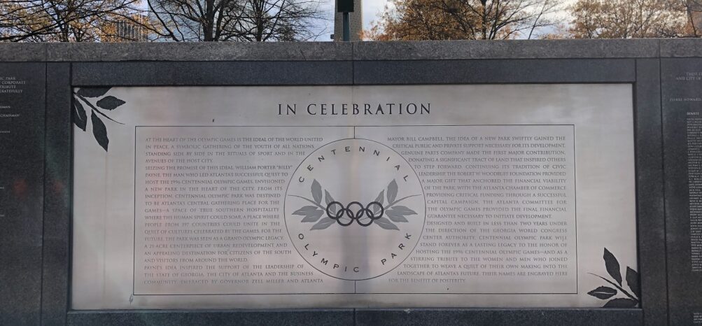 Plaque at Centennial Olympic Park, an Atlanta Olympics venue today