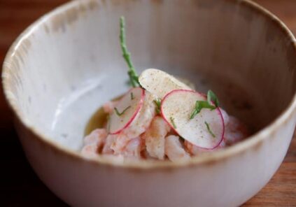 close up shrimp in neutral ceramic bowl with radish and green garnish on top