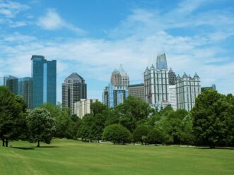 The skyline view of Midtown Atlanta from Piedmont Park