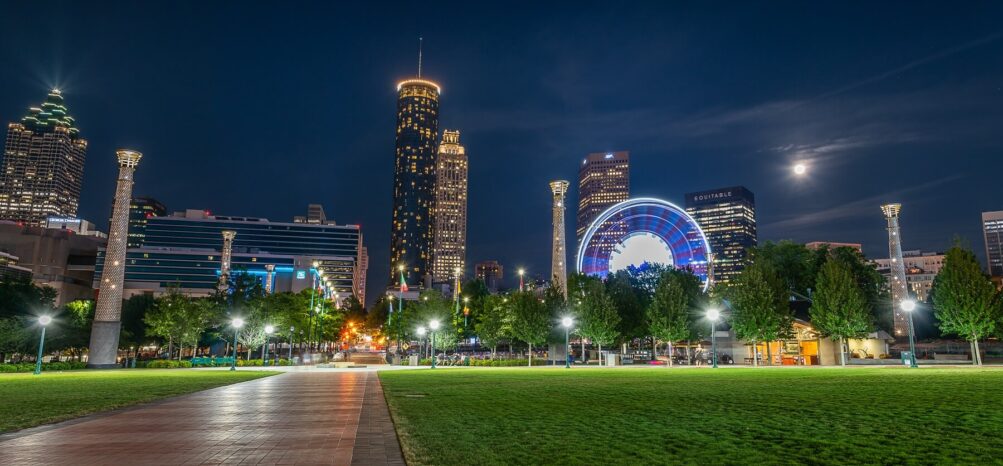 A view of Centennial Olympic Park and SkyView Atlanta, which are two unique Atlanta attractions